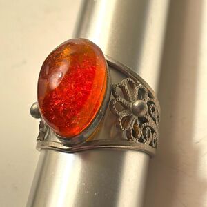 Vintage Oval Baltic Amber Ring with Ornate Silver Tone Floral Setting Size 9